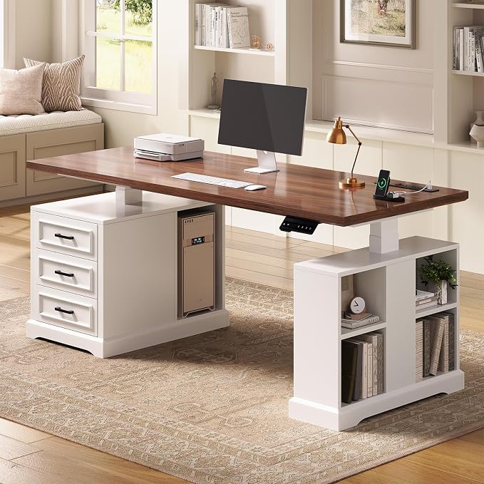 SEDETA Farmhouse Electric Standing Desk, Storage Shelves, Power Outlets - Image 8