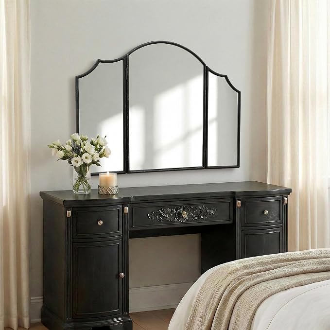 Besdomus Black Scalloped Dresser Mirror: 36"x24" Large Modern 3 Way Trifold - Image 7