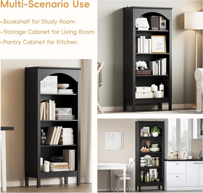 Arched Bookshelf with 4 Tier Open Shelves, Study and Living Room, Modern Black - Image 6