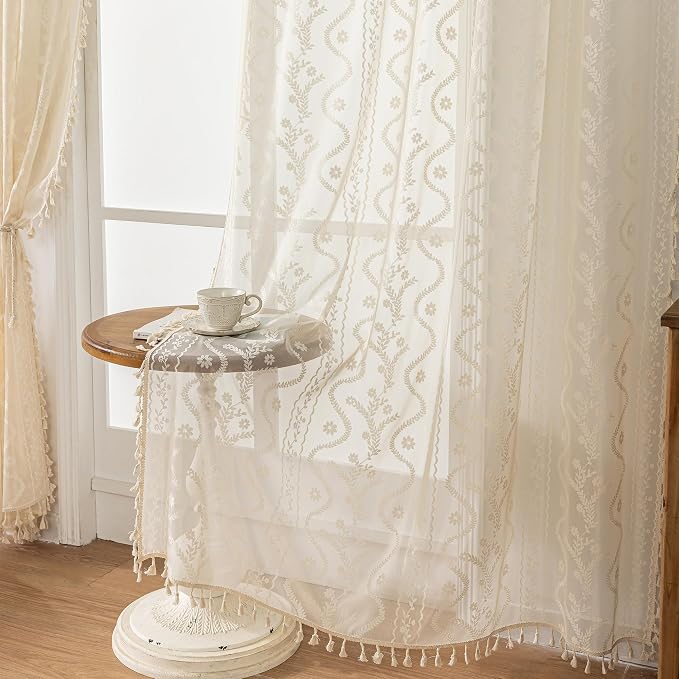 WAZZIO Boho Lace Curtains 2 Panels 105 Inches -Cute Vintage Victorian Sheer - Image 6