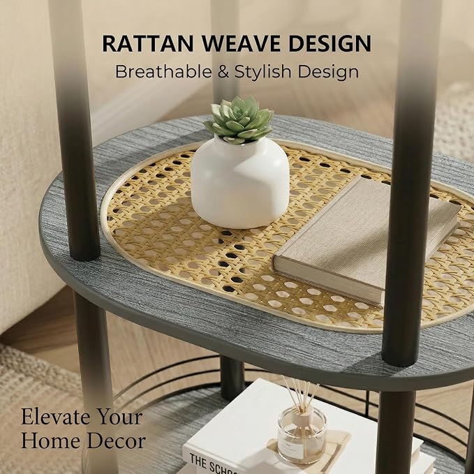 3 Tier Round Side Table with Storage, Oval End Table with Rattan Shelf & Metal - Image 4
