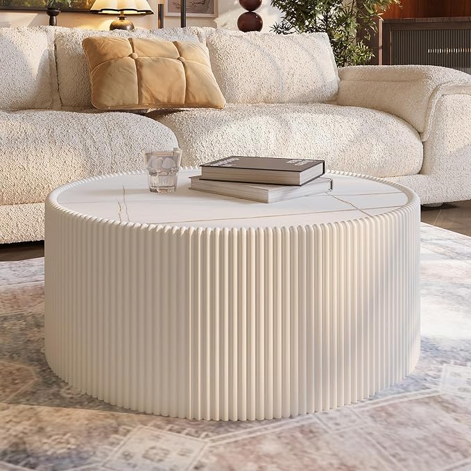 White Marble Coffee Table Set of 2, 29.52" Round Flued Coffee Table and End - Image 6