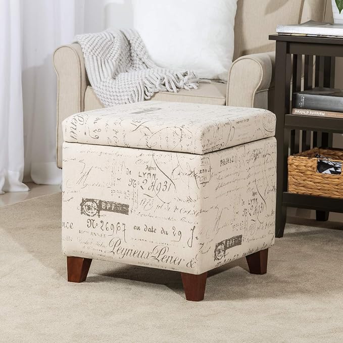 Adeco Fabric Script Pattern Cube Storage Footstool, Hinged Lid, Solid Wood Legs - Image 7