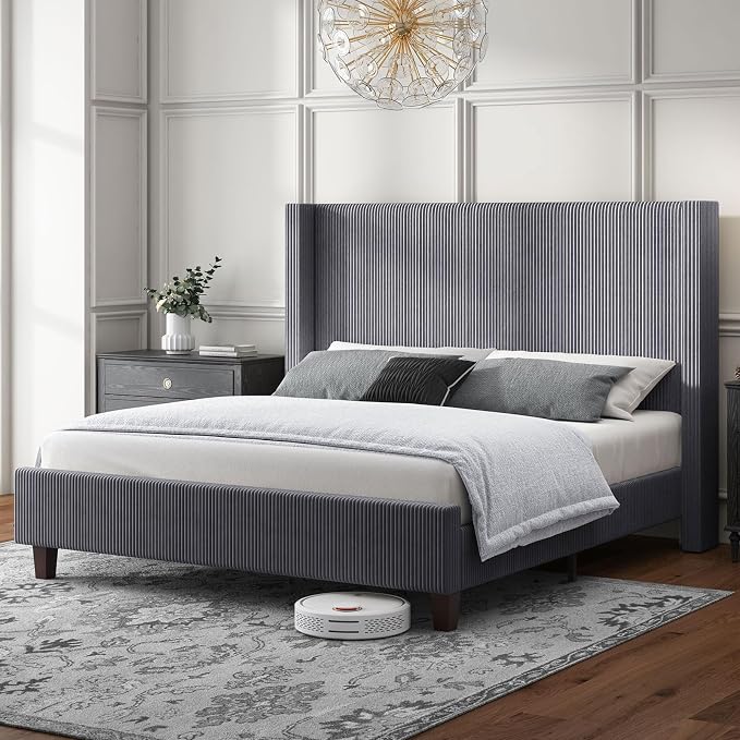 HOWE King Size Bed Frame with 50.8" Tall Wingback Headboard, Modern Corduroy by HOWE