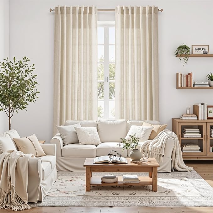 Cream Beige Linen Curtains for Living Room 98 Inches Long Light Filtering Semi - Image 6