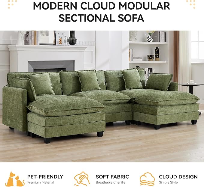 111'' Sectional Cloud Deep Seat Couch, Oversized Chenille U Shaped Sectional - Image 7