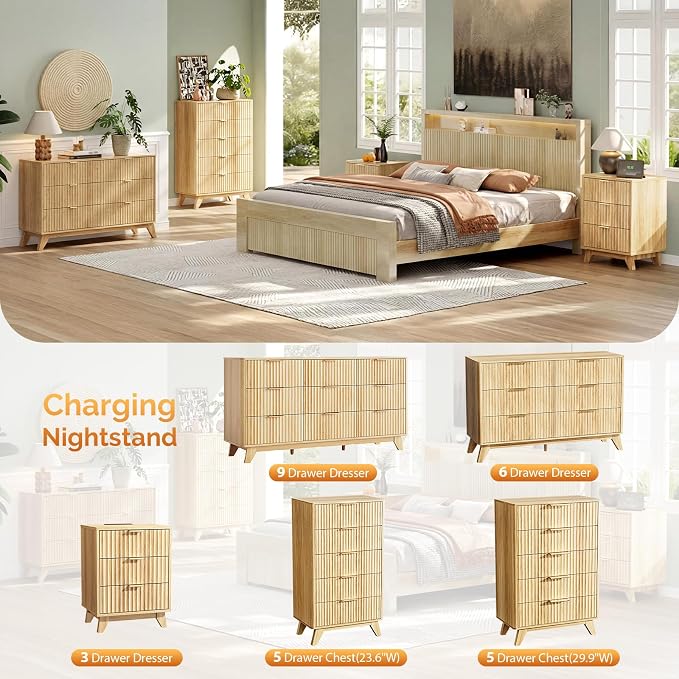 VINGLI Fluted Tall Dresser 5 Drawer, 23.66" W Chest of Drawers, Oak Wood Dresser - Image 8
