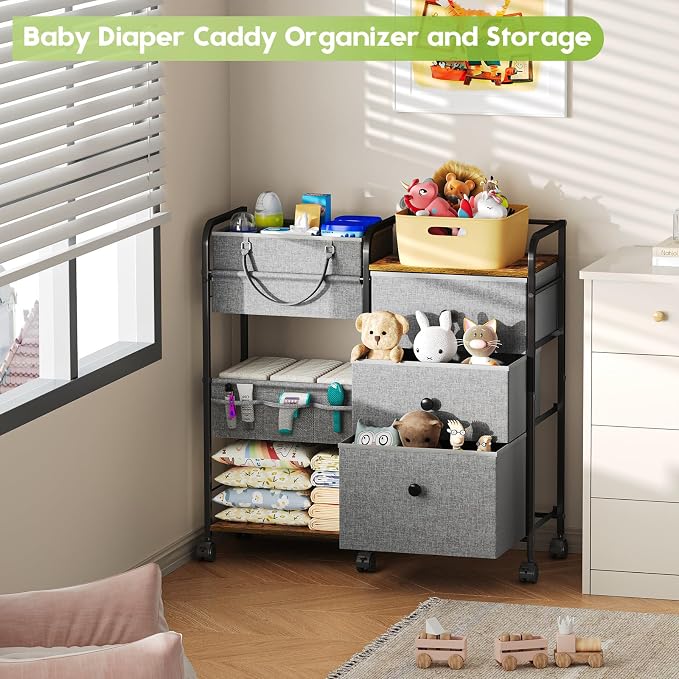 Cidaziya 2In1 Baby Diaper Caddy Organizer and Storage, 3 Tier Rolling Cart - Image 9