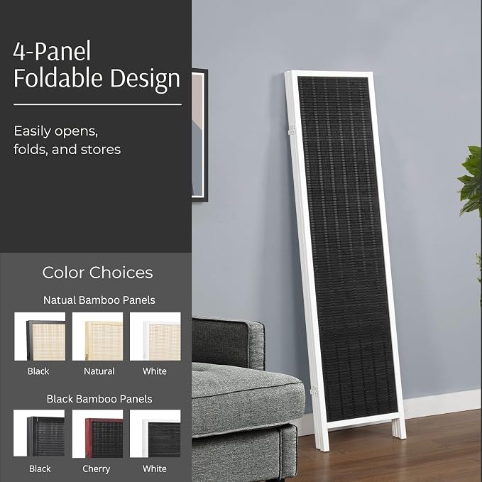 Roundhill Furniture Inkwell 4-Panel Bamboo Room Divider, Folding Portable - Image 3