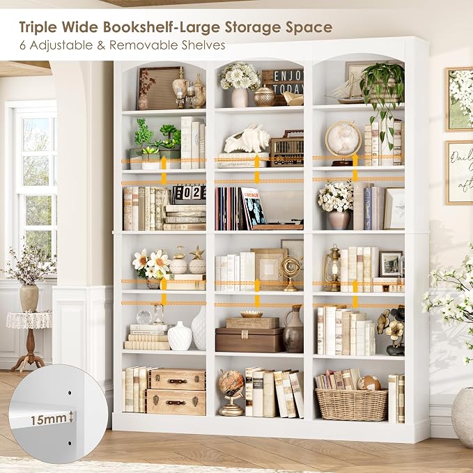 FACBOTALL 71" Triple Wide Bookshelf, 6 Tier Bookcase, Large White Bookshelf - Image 6