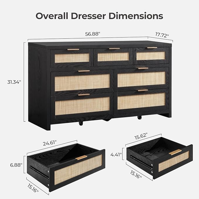 SICOTAS 7 Drawer Dressers for Bedroom Set 2, Long Rattan Dresser, Dresser TV - Image 3
