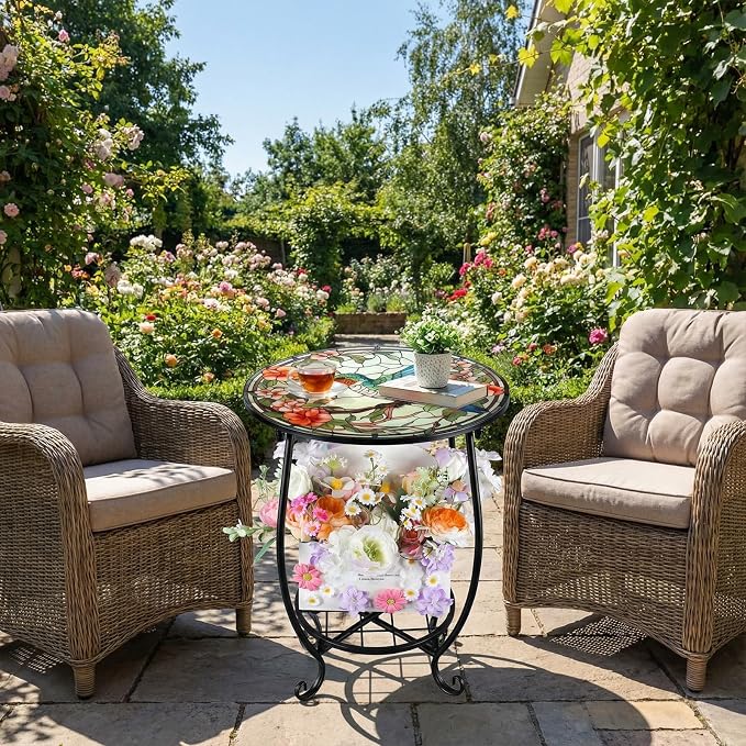 Cinnvoice Outdoor Side Table Round Small Mosaic Patio Accent Indoor End Plant - Image 2