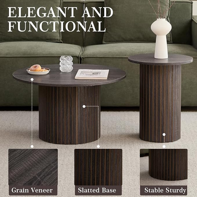 Round Nesting Coffee Table Set of 2 Mid Century Modern Wood Round Coffee Tables - Image 6