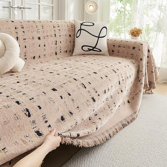 DREAMINGO Abstract Chenille Couch Cover Blanket Coffee Black Boho Sofa Cover - Image 2