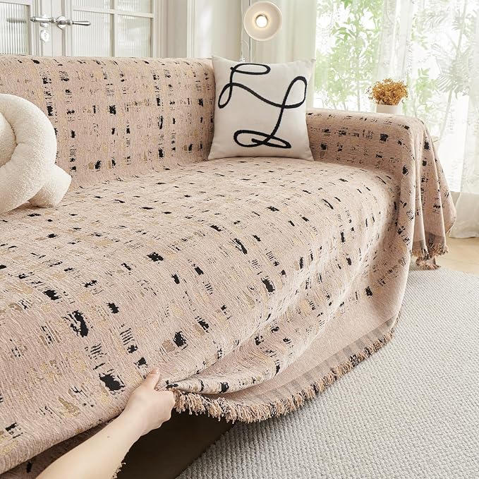 DREAMINGO Abstract Chenille Couch Cover Blanket Coffee Black Boho Sofa Cover - Image 2