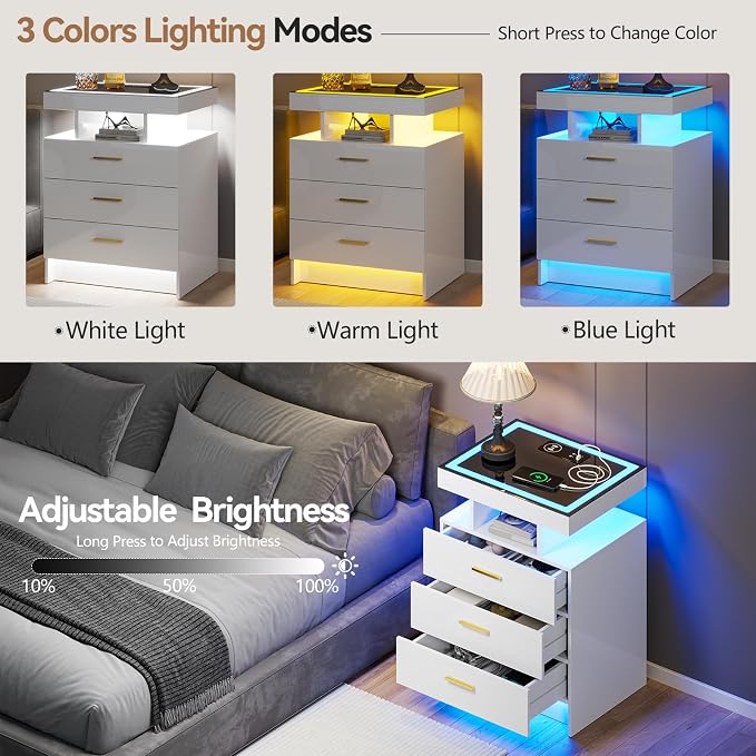 White Night Stand Set 2 with Wireless Charging Station, Smart Bedside Table - Image 5