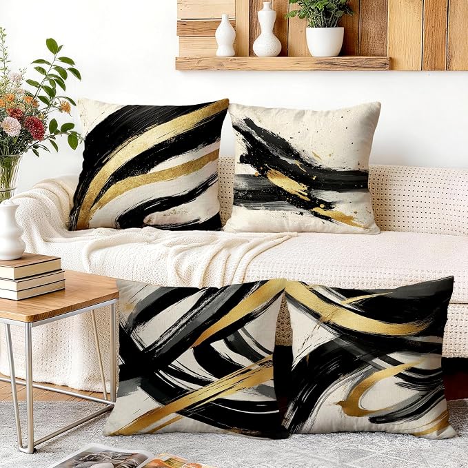OBSEDE Abstract Black Gold Ink Brush Strokes Throw Pillow Covers 18 × 18 in - Image 5