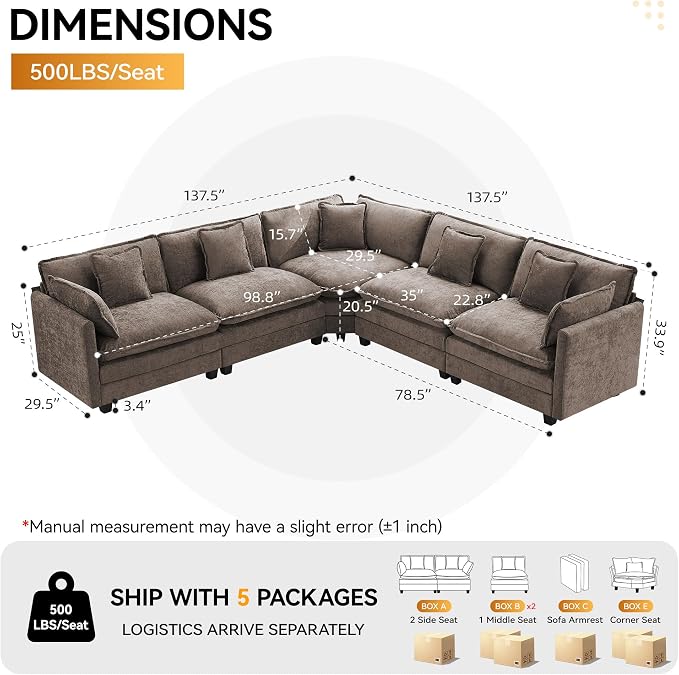 113'' V Shaped Cloud Sectional Sofa, Oversized Deep Seat Couches - Image 2