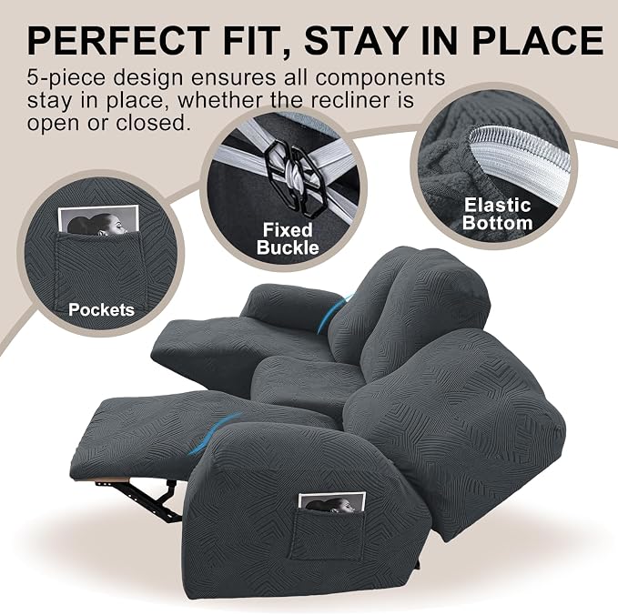 5-Piece Recliner Sofa Covers, Stretch Geometric Strokes Jacquard Recliner Sofa - Image 4