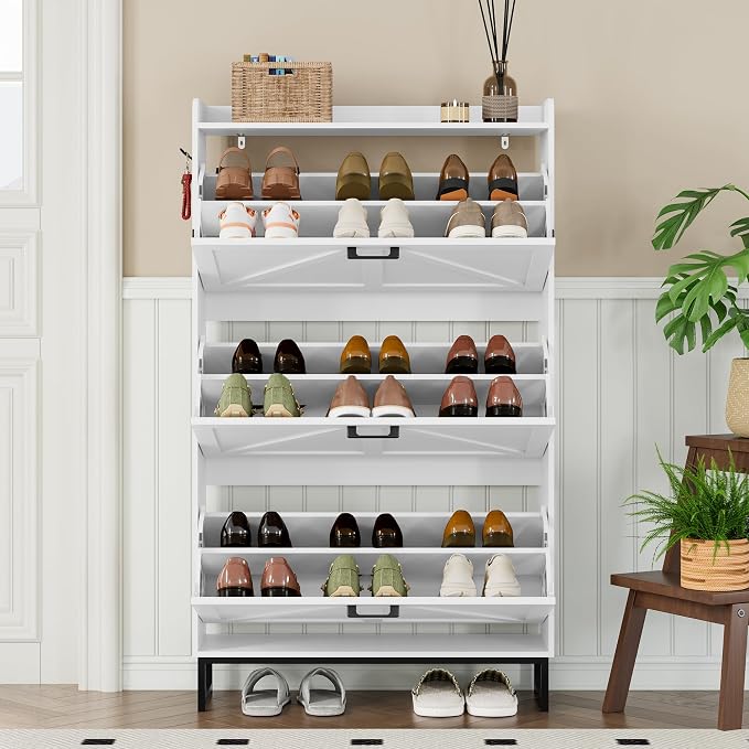 BORNOON Shoe Cabinet with 3 Flip Drawers Narrow Shoe Storage Cabinet Organizer - Image 7