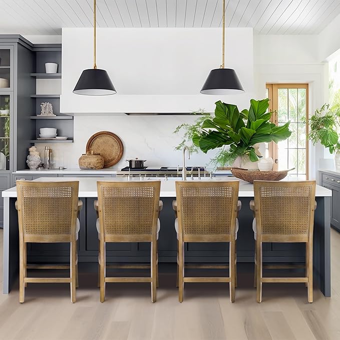 Madison Park Bar Stool with Rattan Back, Wood Counter Height Barstools - Image 4