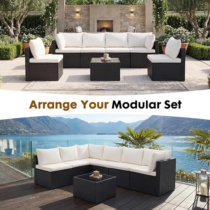 DUMOS 7 Piece Outdoor Patio Sectional Sofa, Modular Wicker Furniture Set - Image 7