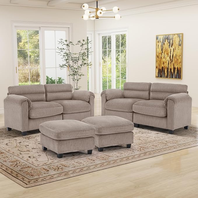 HAOMARKETS Corduroy 4-Piece Sofa Set, Upholstered Ottoman Set of 2 and 2 by HAOMARKETS