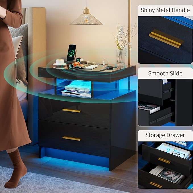 Smart Night Stand with Charging Station, Modern Black Nightstand with 24 Color - Image 6