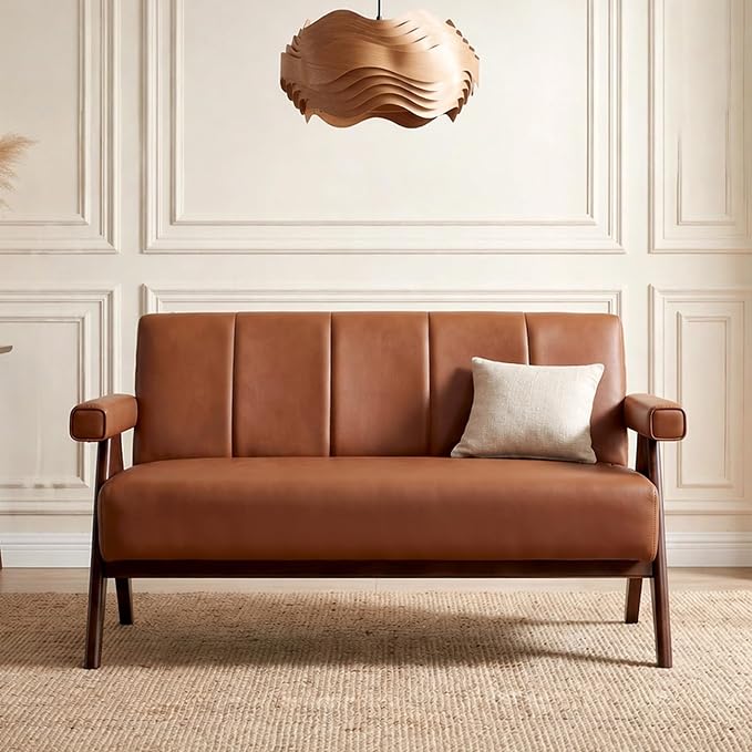 STHOUYN Brown Leather Loveseat Sofa and Accent Chairs Set of 2, Mid-Century - Image 7