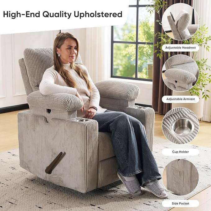 Swivel Rocker Recliner with Adjustable Armrests, Rocking Nursery Chair with - Image 5