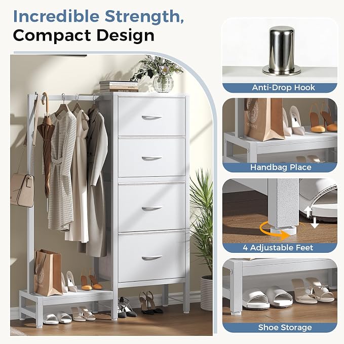 DUMOS Dresser with Hanging Rack, 4-in-1 White Fabric Dresser - Image 7