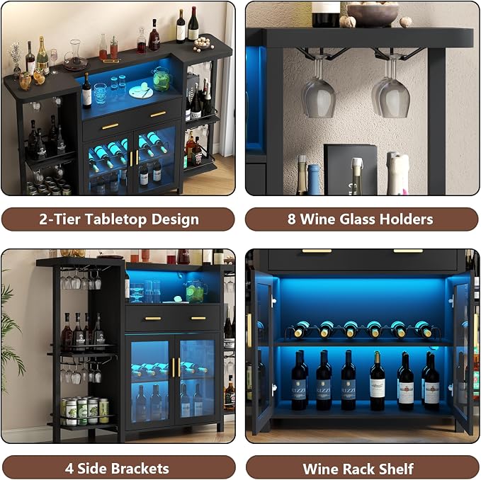 Loomie Bar Table Cabinet with LED Lights & Drawer, 8-Tier Wine Bar Cabinet with - Image 9