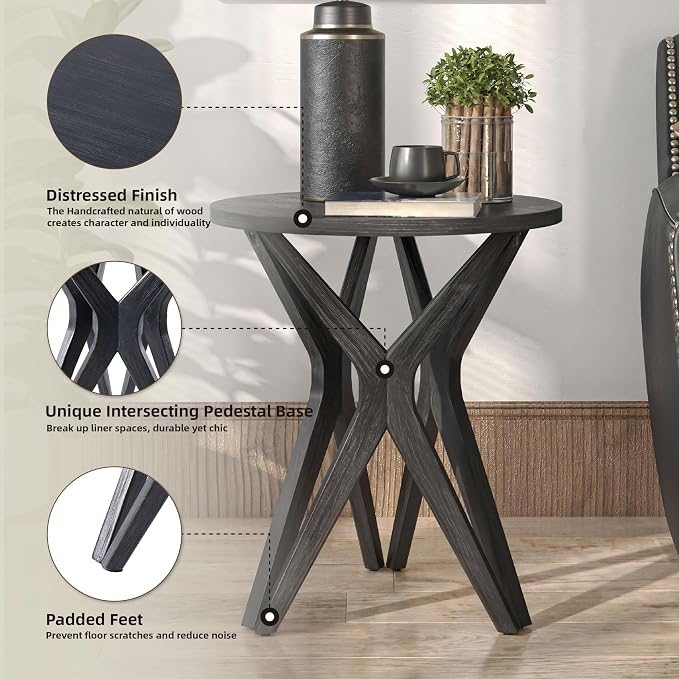 Pedestal Farmhouse End Table Set of 2, Distressed Top - Image 4