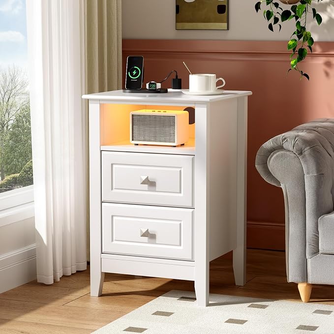 Bonnlo White Night Stand with Charging Station, Led Nightstand White Wood - Image 7