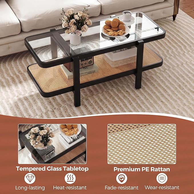 Giantex Rattan Coffee Table, 47.5" Rectangle Solid Wood Tea Table w/Tempered - Image 6