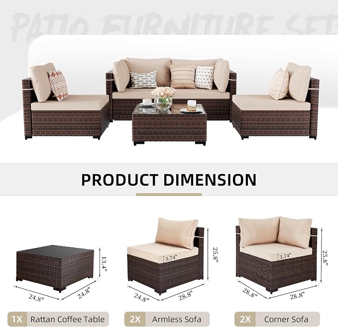UPHA 5 Pieces Patio Furniture Sets, Wicker Outdoor Sectional Sofa Couch - Image 2