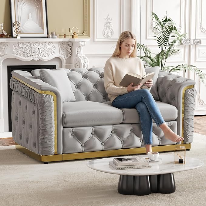 2 Piece Velvet Chesterfield Sofa Luxury Tufted Sofa Black and Gold Couch Set - Image 7