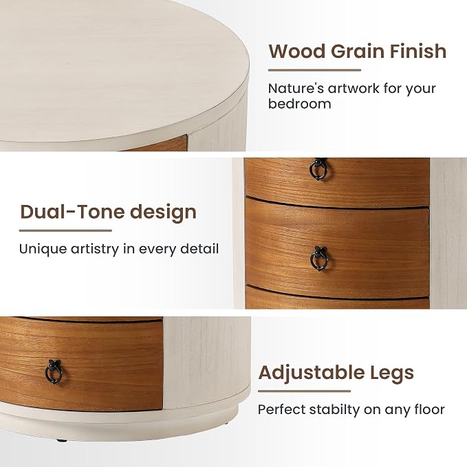 HOMPUS Fully Assembled Round Nightstand, 3 Drawer Chest of Drawers, Wood Rustic - Image 5