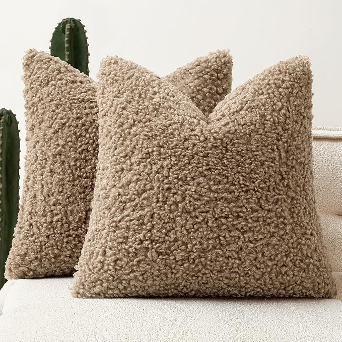 Faux Fur Throw Pillow Covers 18x18 Inch Set of 2 Boucle Neutral Decorative by Woaboy
