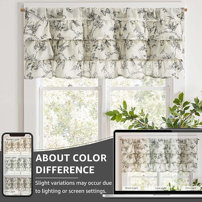 jinchan Ruffled Valance Curtain Linen Floral Kitchen Valance 18 Inch Shabby - Image 8