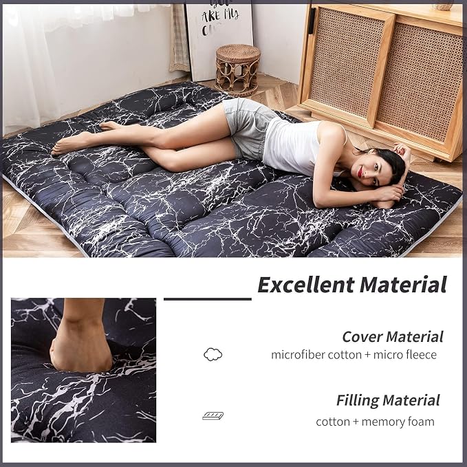 MAXYOYO Black Marble Printed Japanese Futon, Thicken Sleeping Pad Roll Up - Image 3