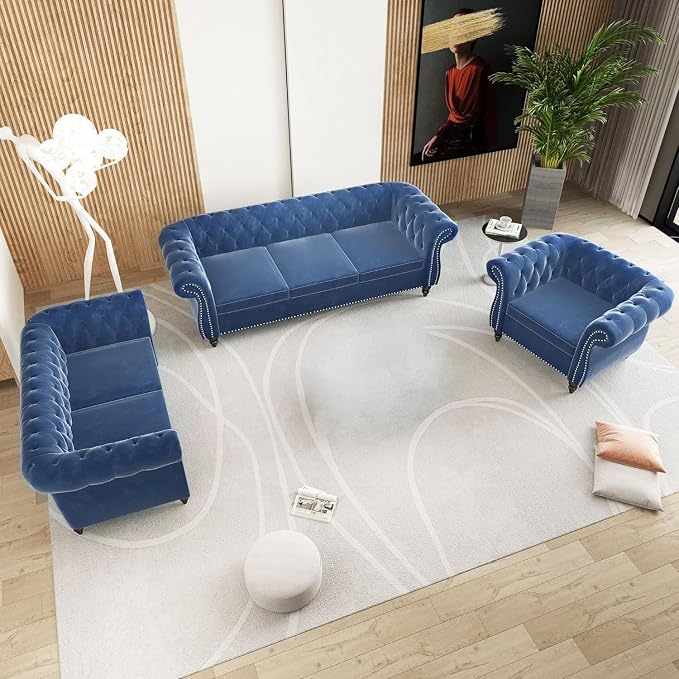 QHITTY 3 Piece Living Room Couch Set, Sectional Chesterfield Sofa Chair - Image 7