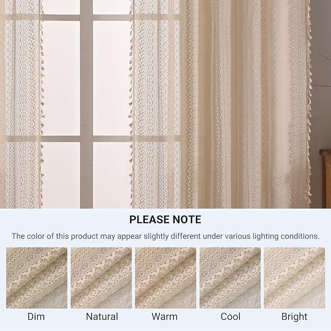 WAZZIO Boho Lace Curtains 54 Inches 2 Panel, Light Filtering Privacy Tassel & - Image 9