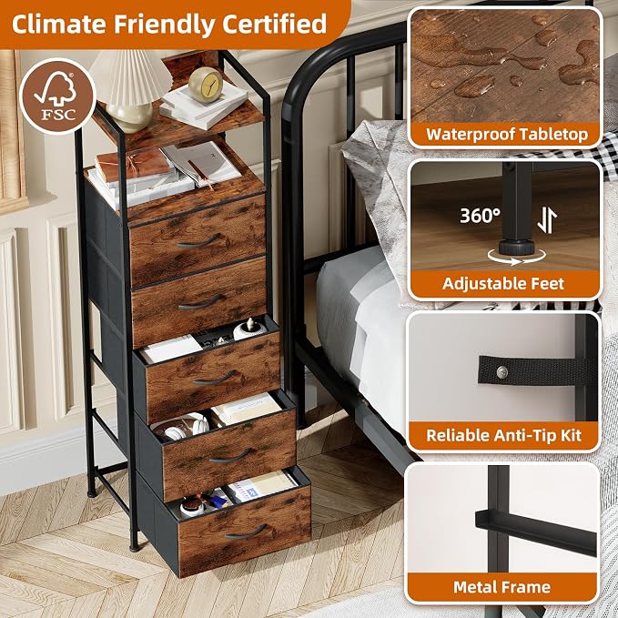 Somdot Tall Nightstand for Bedroom, Tall 5 Drawers Dresser, Vertical Storage - Image 6