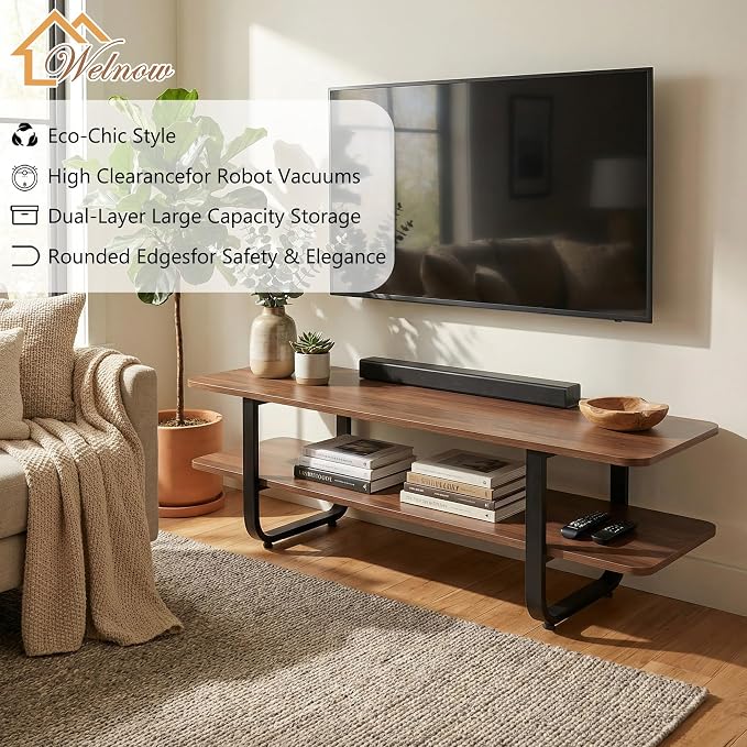 Welnow Walnut TV Stand for 65" TV, Mid Century Modern Entertainment Center - Image 4