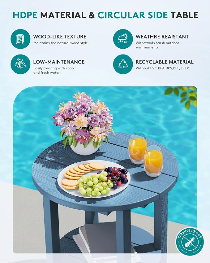 SERWALL Round Outdoor Side Table, HDPE Small Adirondack End Table, 2-Tier Patio - Image 4