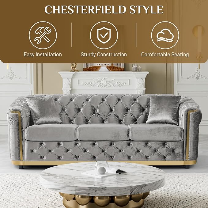 DAMAIFROM Velvet Couch Grey and Gold Sofa Luxury Loveseat 84.6" Mid Century - Image 7