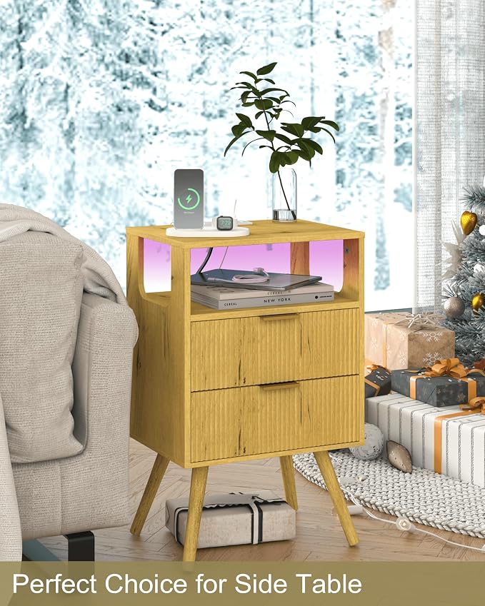 JOONEE Nightstand with Charging Station and LED Lights, Modern Bedside Table - Image 6