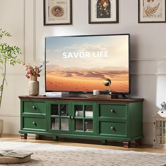 SAVOR LIFE Farmhouse TV Stand for Living Room, Rustic Green Entertainment Center - Image 7