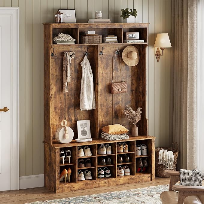 Wodeer Hall Tree with Bench and Shoe Storage, 6 Hooks, 12 Shoe Cubbies by WODEER